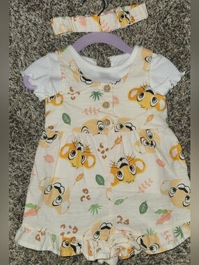 Simba And Nala LION KING Print Baby Girl Shortall And Tee with Matching Headband